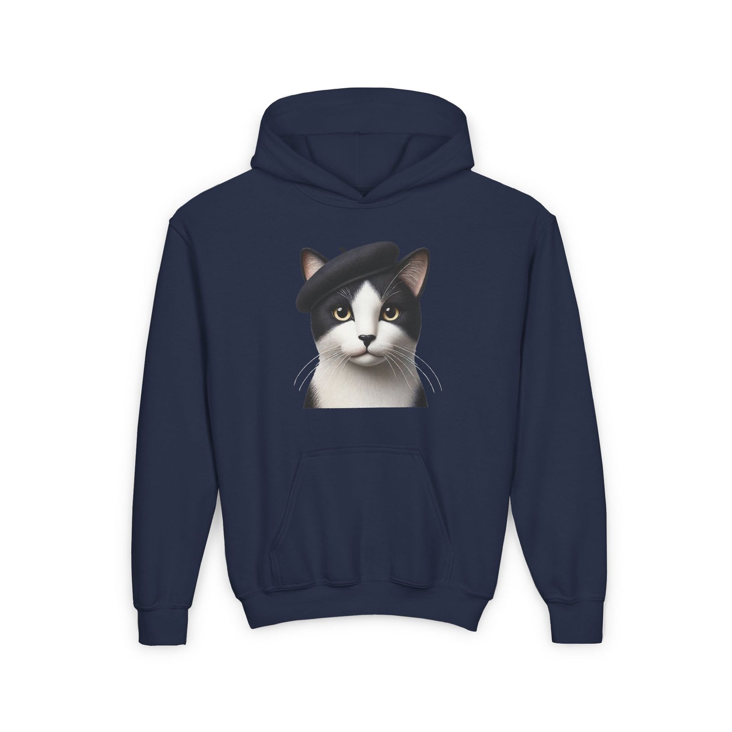 Tuxedo Cat Wearing A Beret- Youth Hoodie Sweatshirt - Too Cute Pets