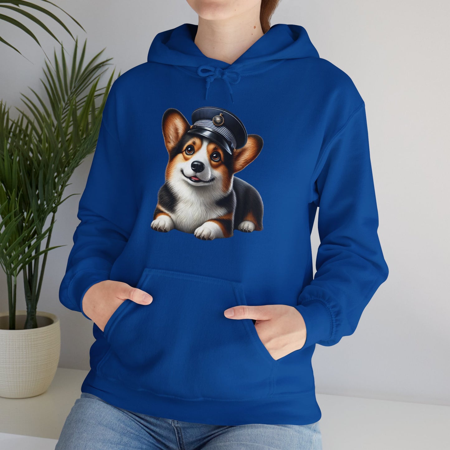 Cute Corgi Wearing A Train Conductors Hat - Adult Hoodie - Too Cute Pets