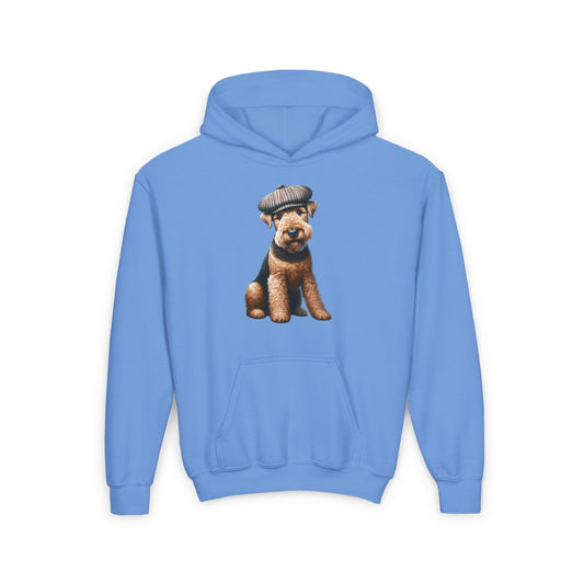 Aerdale Terrier Wearing Tweed Flat Cap #2- Youth Hoodie - Too Cute Pets
