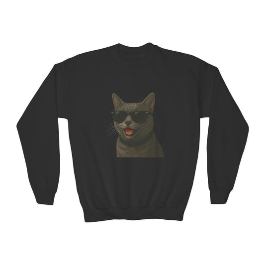 Gray Cat Wearing Sunglasses - Youth Crewneck Sweatshirt