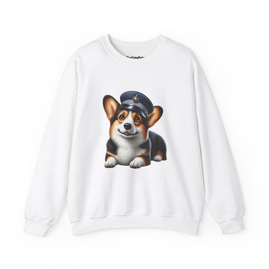 Cute Corgi Wearing A Train Conductors Hat- Adult Crewneck Sweatshirt - Too Cute Pets