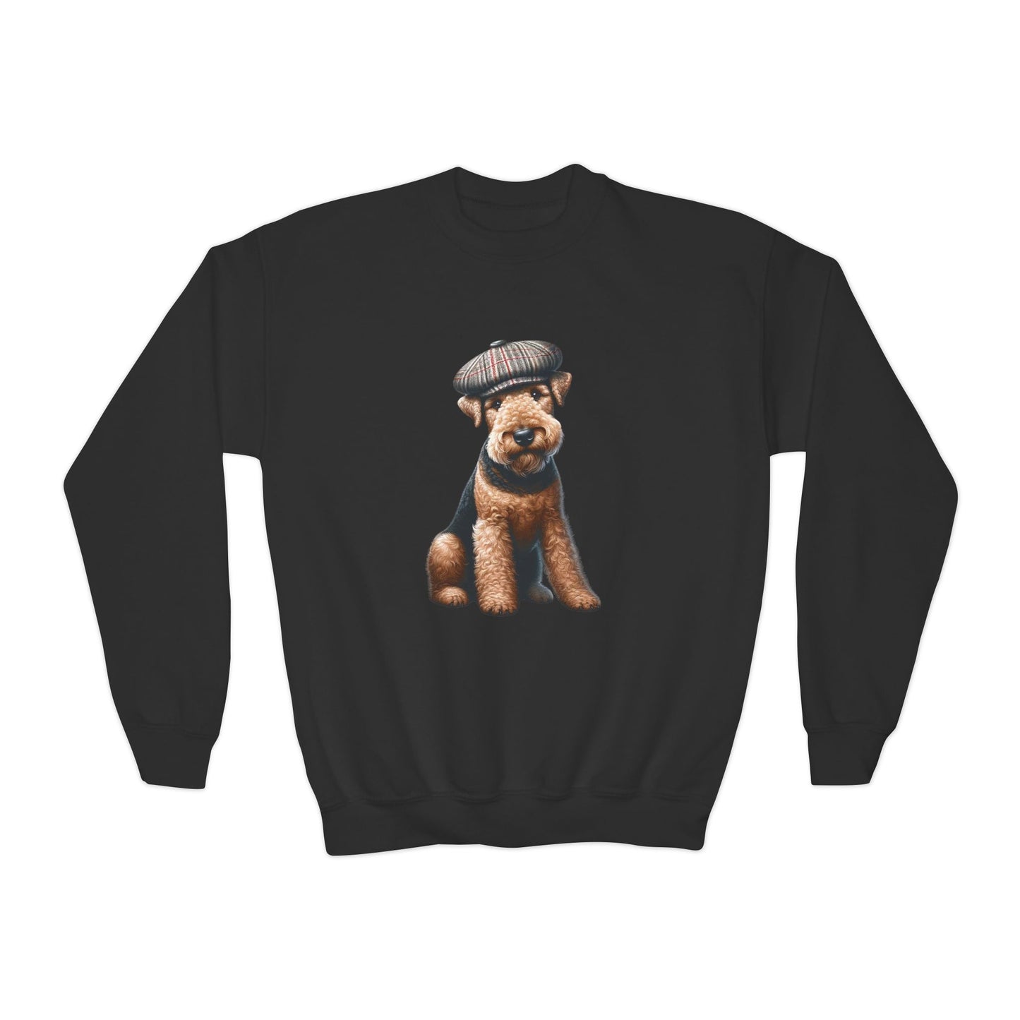 Airedale Terrier Wearing Tweed Flat Cap #2- Youth Crewneck Sweatshirt - Too Cute Pets