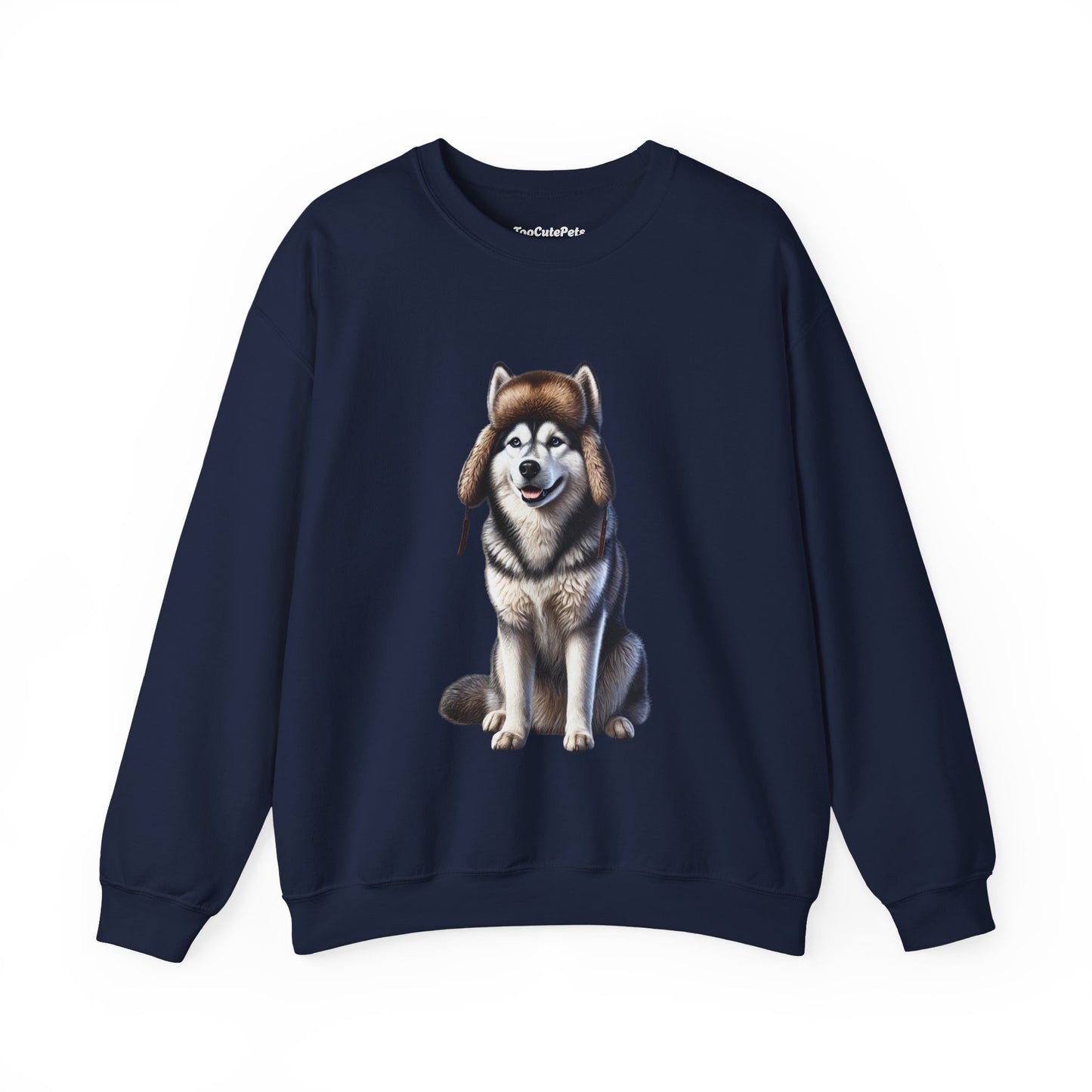 Husky in Fur Trappers Hat - Adult Crewneck Sweatshirt - Too Cute Pets