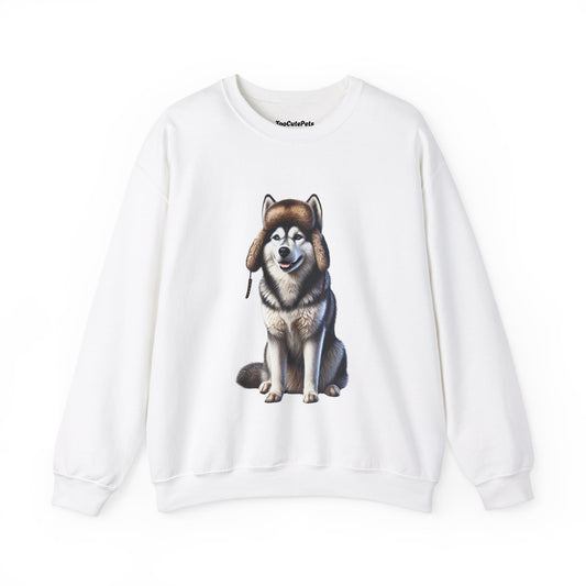 Husky in Fur Trappers Hat - Adult Crewneck Sweatshirt