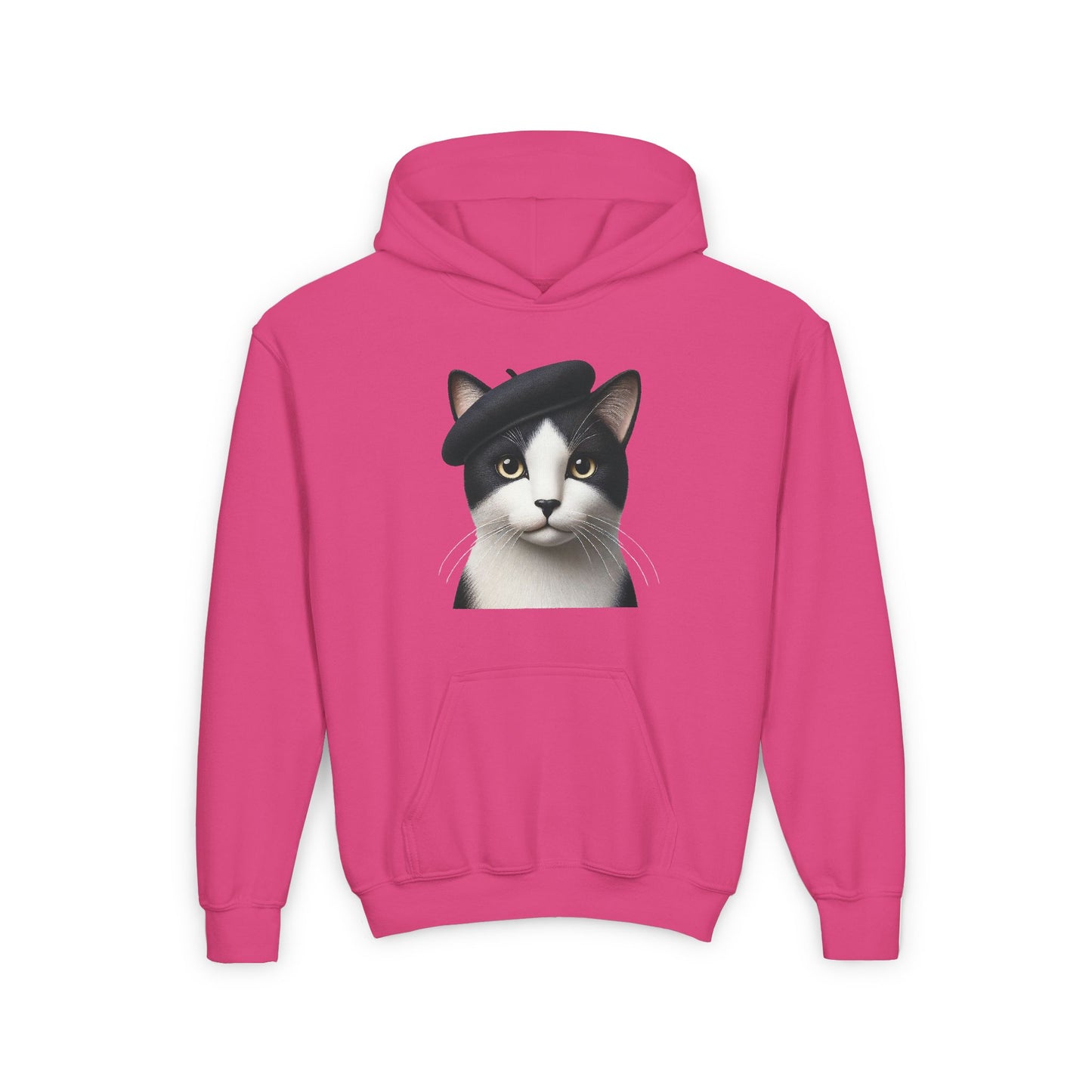 Tuxedo Cat Wearing A Beret- Youth Hoodie Sweatshirt - Too Cute Pets