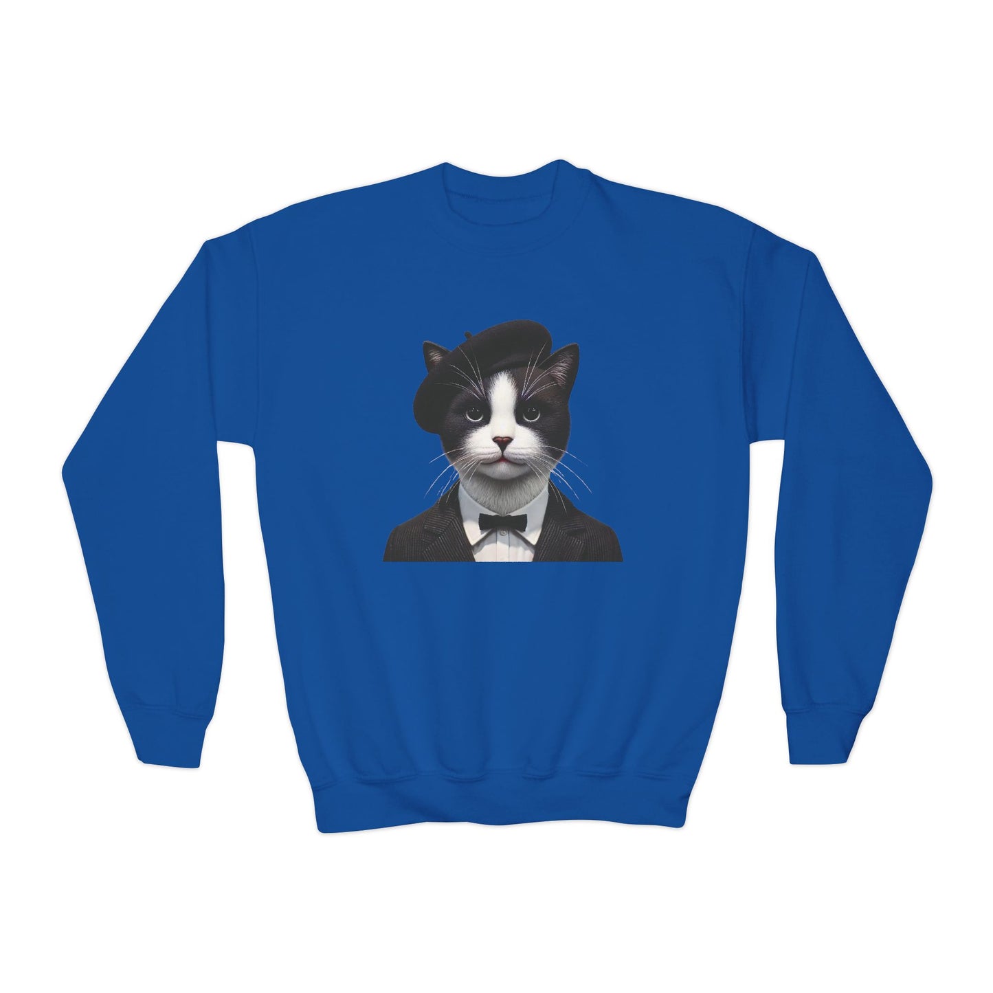 Tuxedo Cat Wearing A Tuxedo And A Beret - Youth Crewneck Sweatshirt - Too Cute Pets