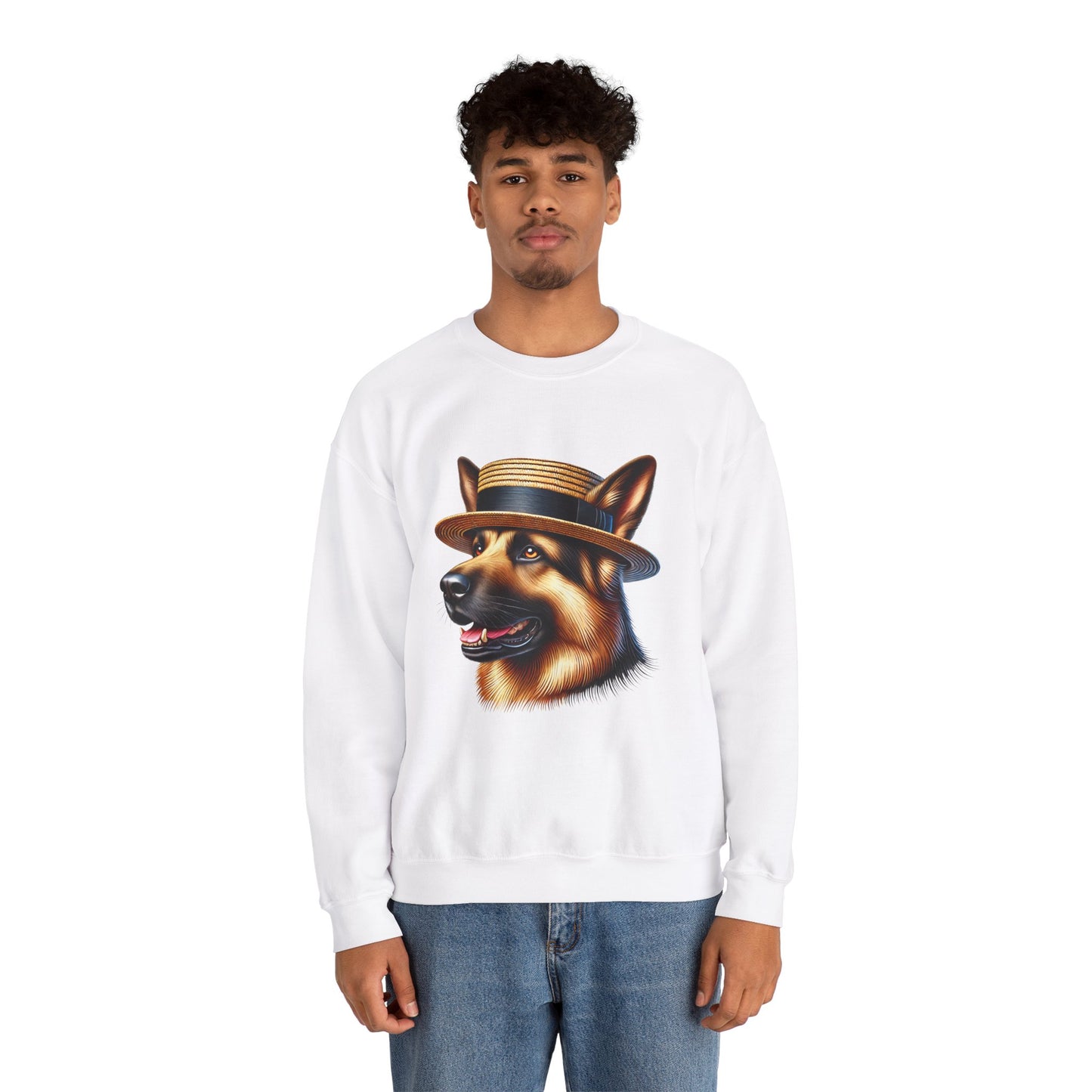 German Shepherd Wearing Boater Hat - Adult Crewneck Sweatshirt - Too Cute Pets
