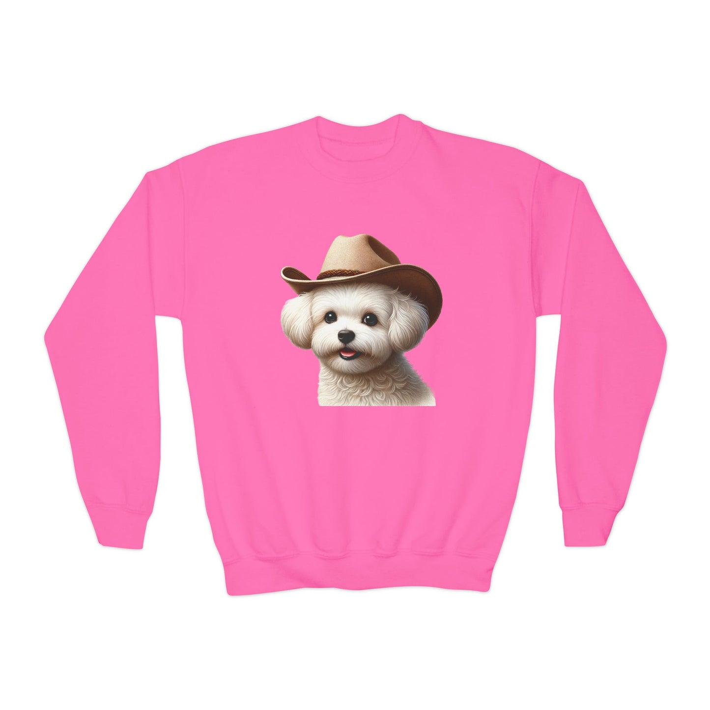Maltese Wearing Cowboy Hat Youth Crewneck Sweatshirt - Too Cute Pets