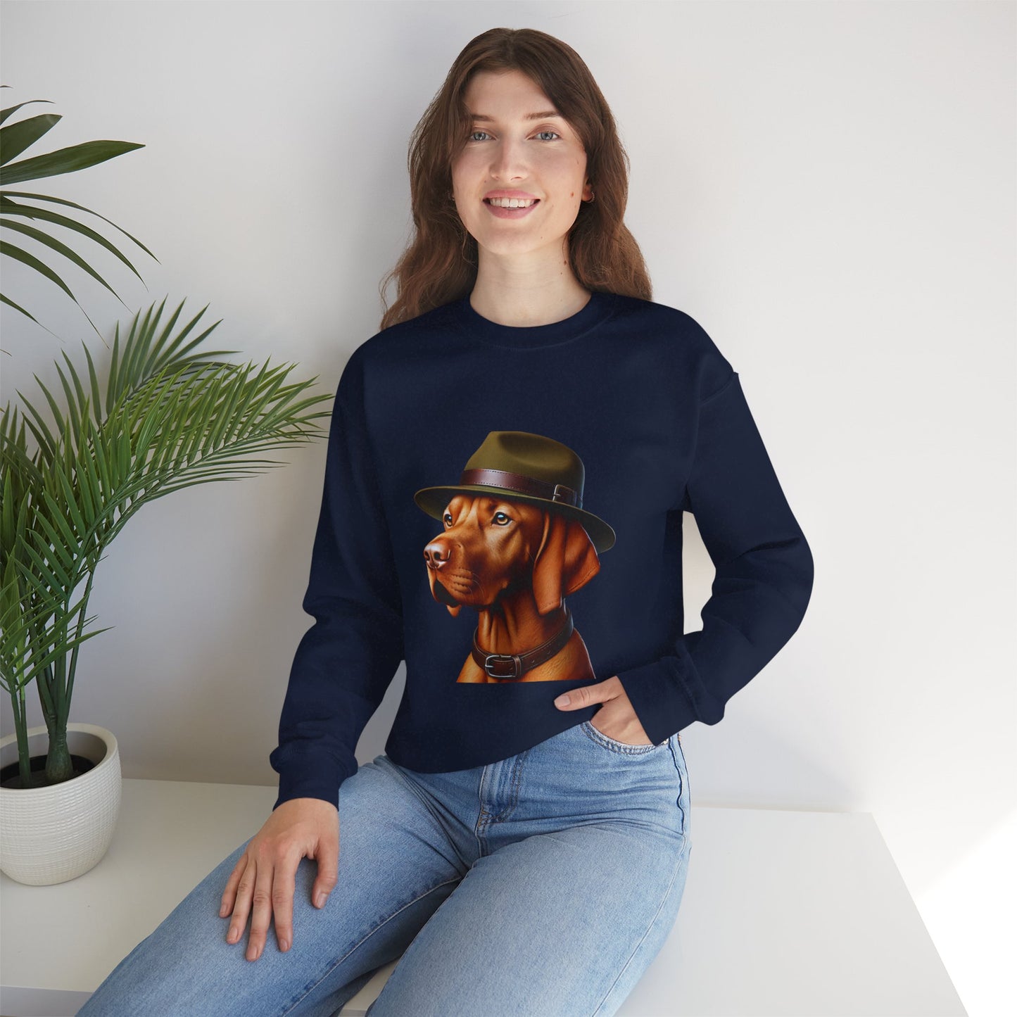 Dashing Vizsla Wearing A Campaign Hat- Adult Crewneck Sweatshirt - Too Cute Pets