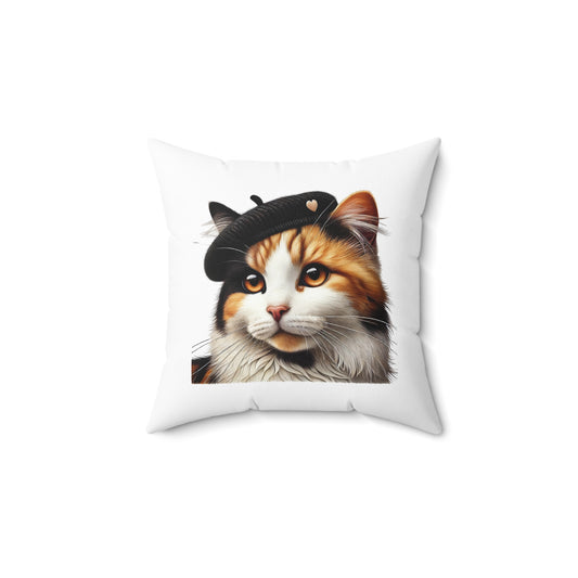 Calico Cat Wearing a Beret - Throw Pillow