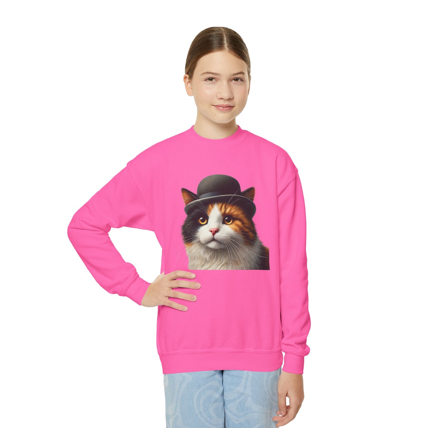 Calico Cat Wearing Bowler Hat Youth Crewneck Sweatshirt - Too Cute Pets