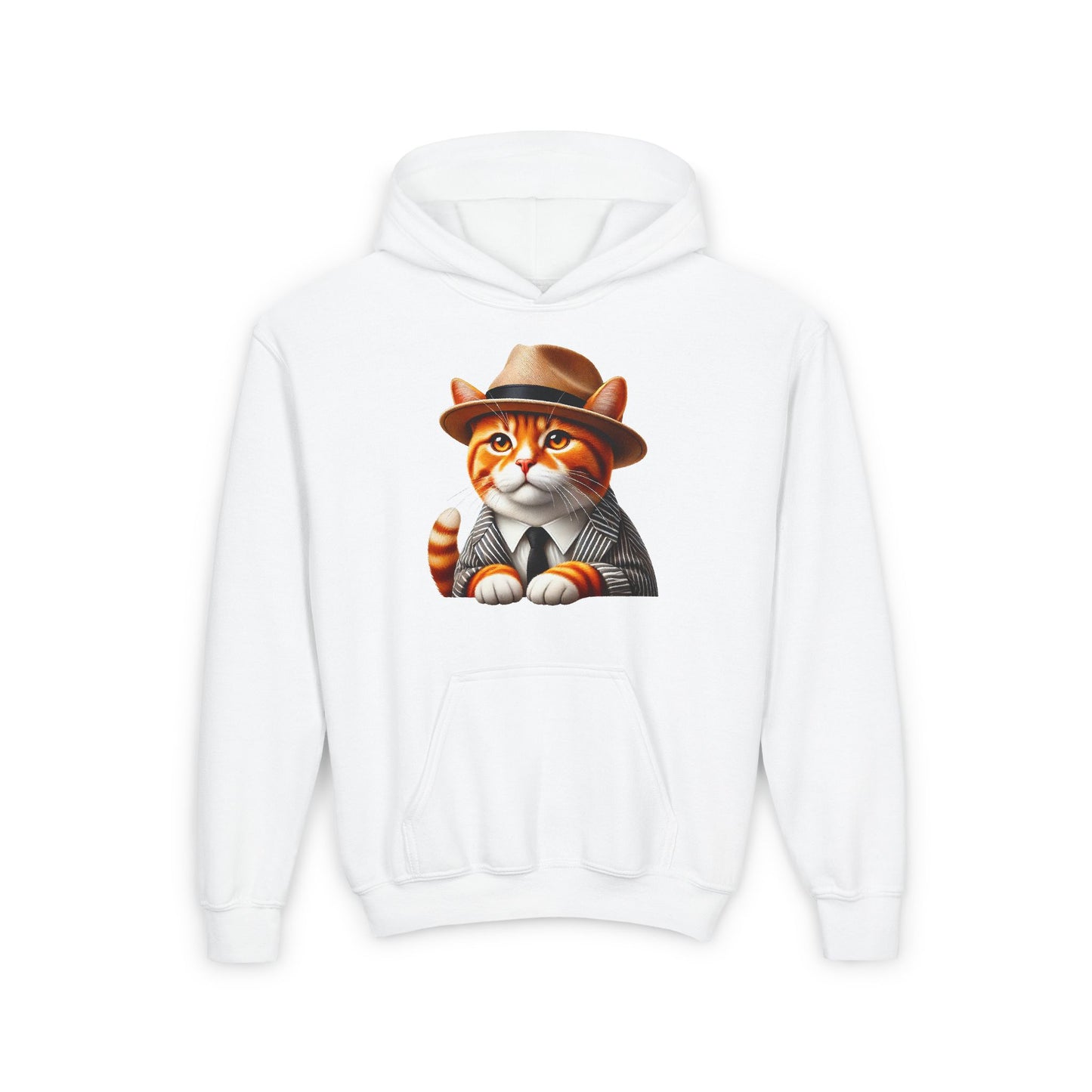 Tabby Cat Dressed In A Suit and Fedora Hat Youth Hoodie - Too Cute Pets