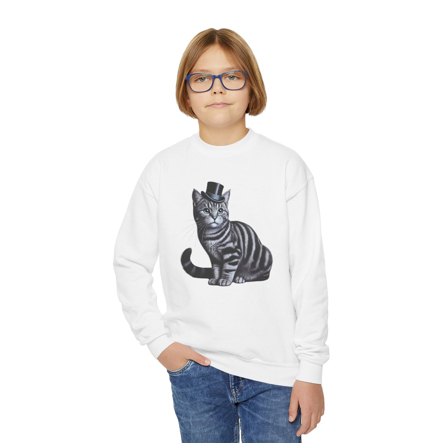 Tabby Wearing Top Hat Youth Sweatshirt (Black & White Image) - Too Cute Pets