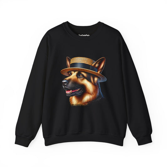 German Shepherd Wearing Boater Hat - Adult Crewneck Sweatshirt - Too Cute Pets