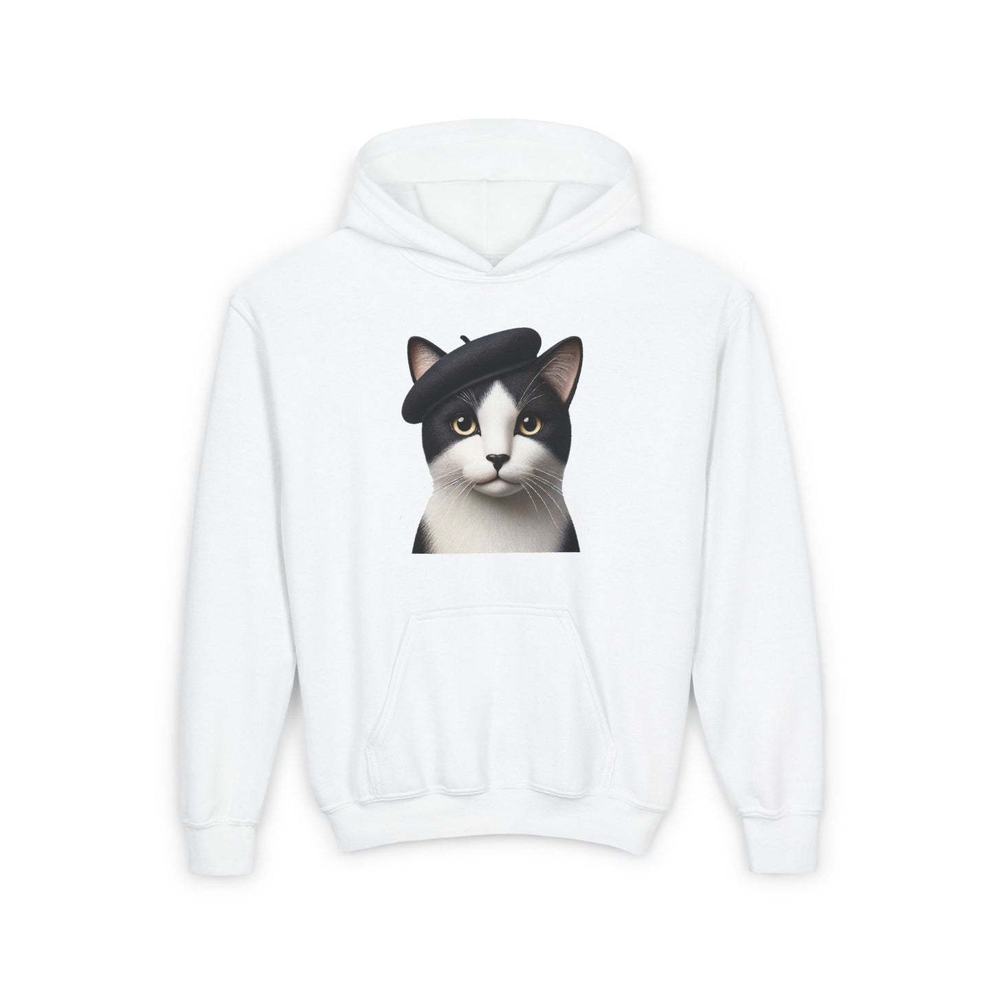 Tuxedo Cat Wearing A Beret- Youth Hoodie Sweatshirt - Too Cute Pets