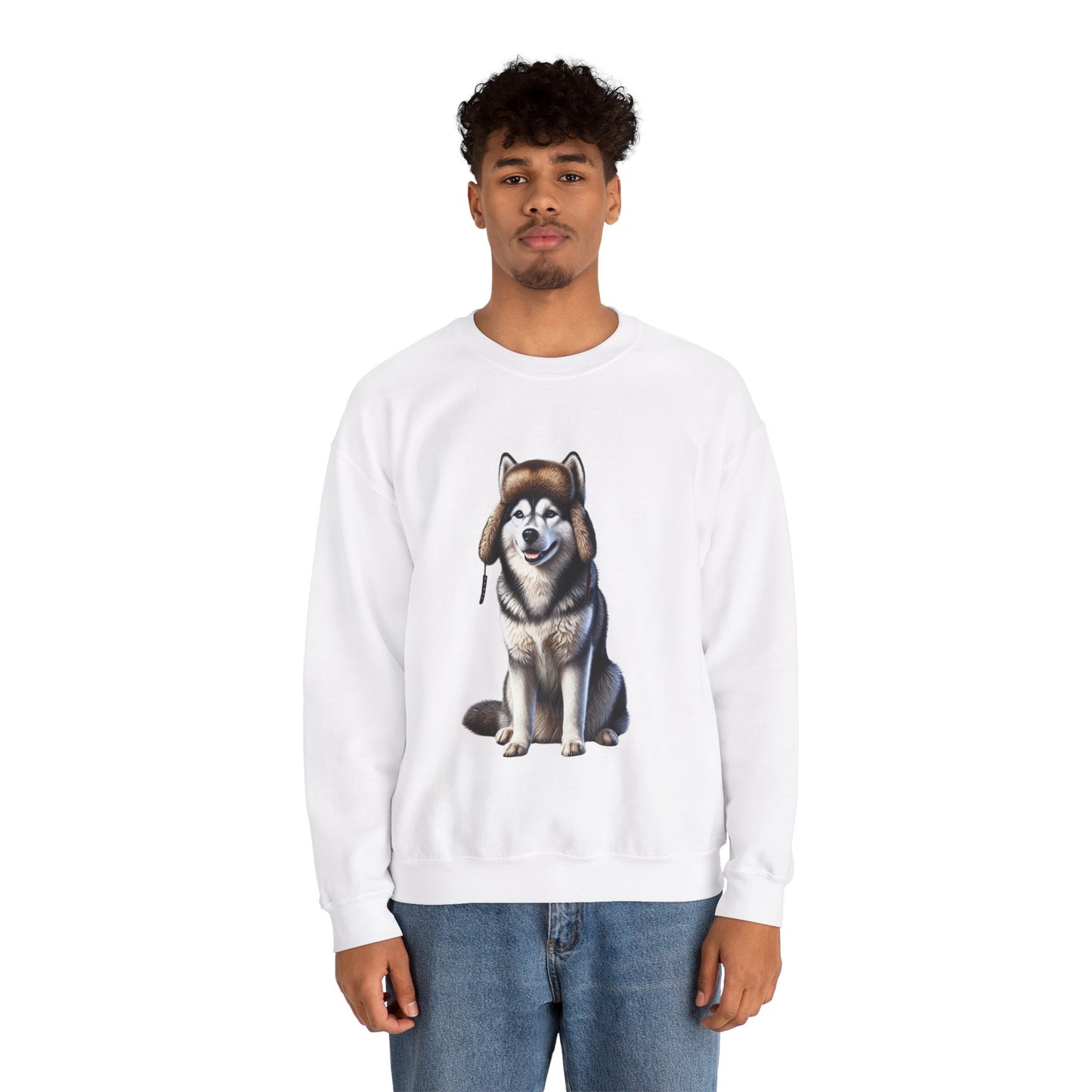 Husky in Fur Trappers Hat - Adult Crewneck Sweatshirt - Too Cute Pets