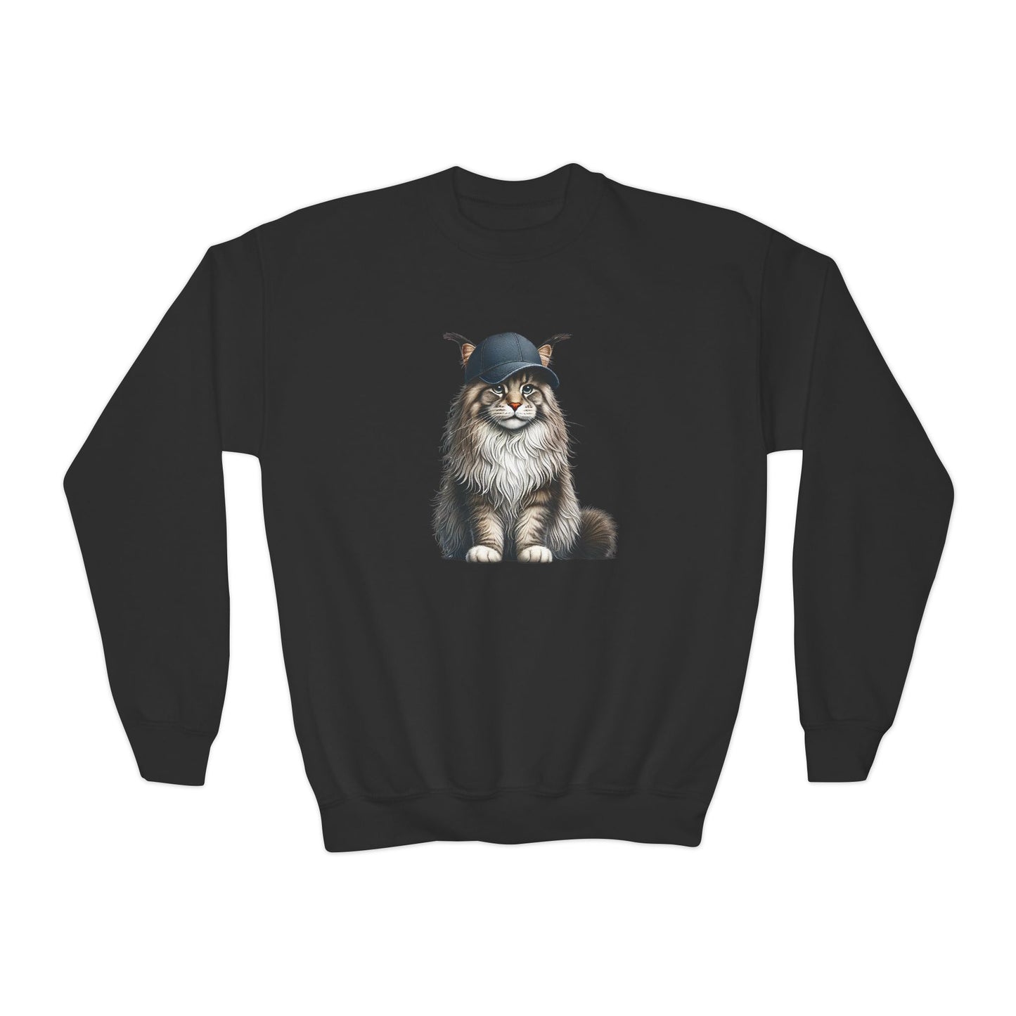 Maine Coon Wearing Baseball Cap - Youth Crewneck Sweatshirt - Too Cute Pets