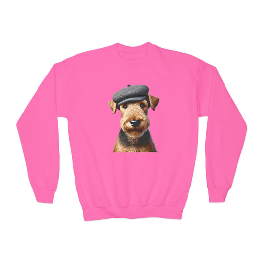 Airedale Terrier Wearing Tweed Flat Cap- Youth Crewneck Sweatshirt - Too Cute Pets
