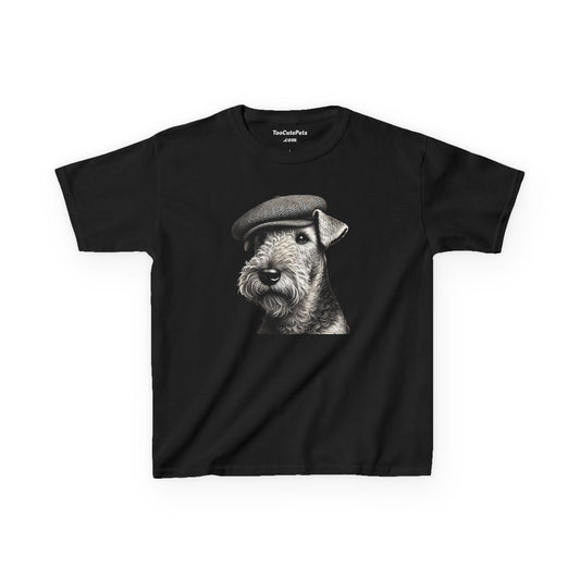 Airedale Terrier Wearing Tweed Flat Cap (Black & White)- Youth T-Shirt - Too Cute Pets