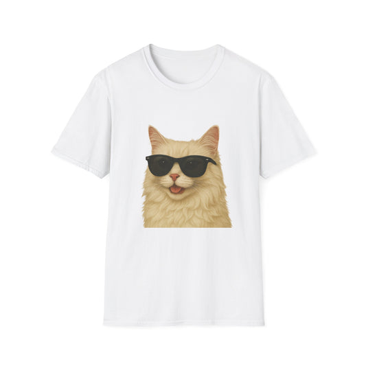 Cream Longhair Cat Wearing Sunglasses - Adult T-Shirt
