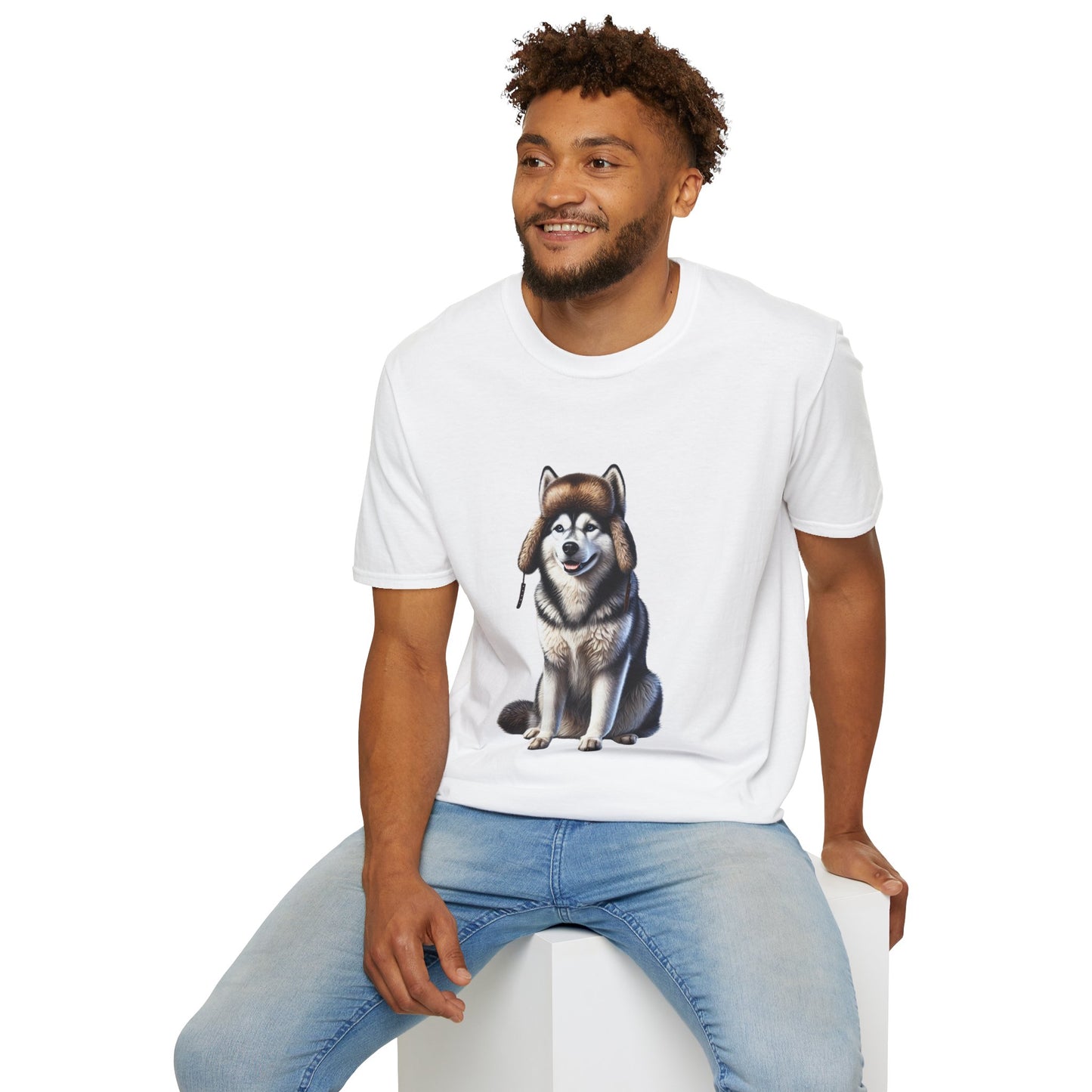 Husky Wearing A Fur Trappers hat- Adult T-Shirt - Too Cute Pets
