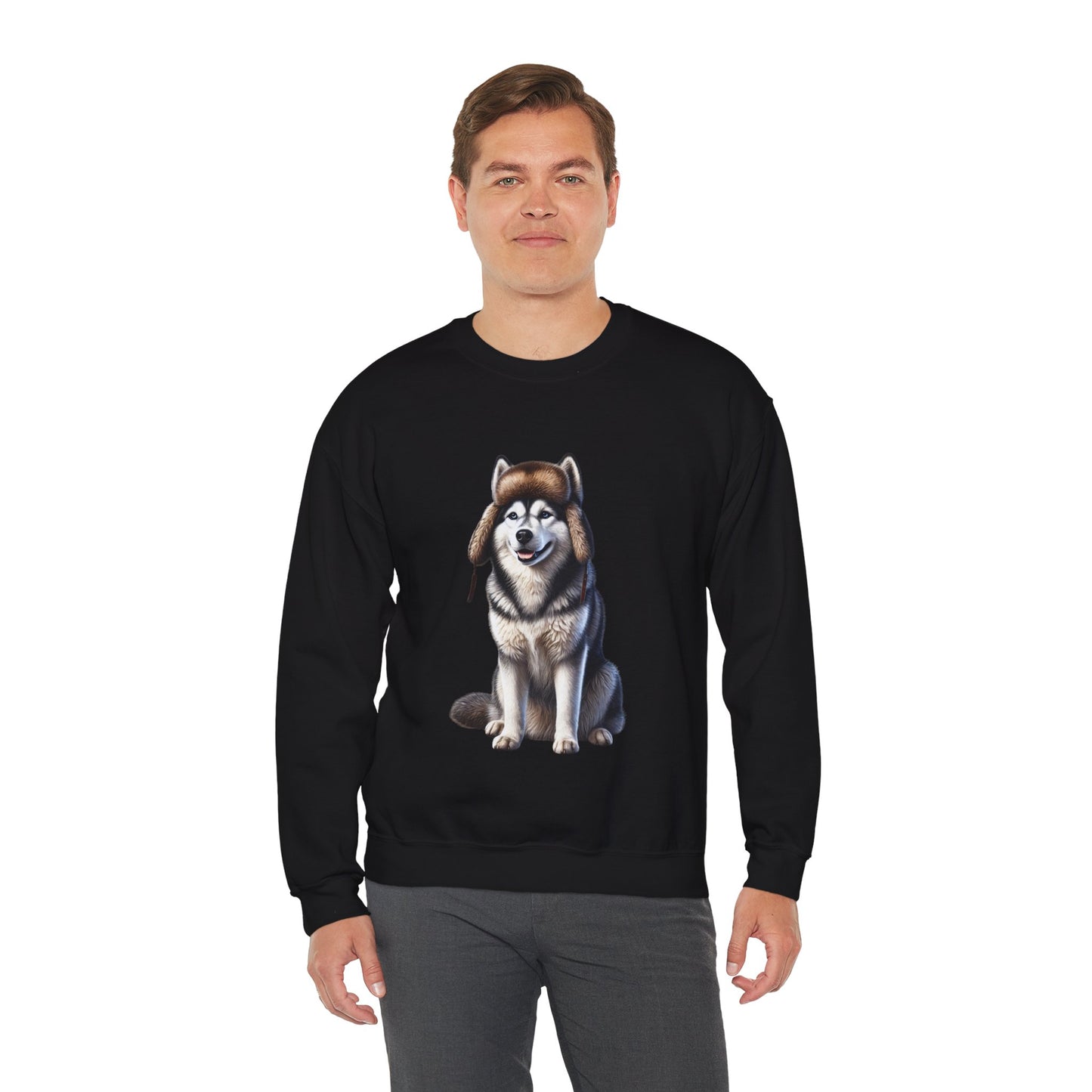 Husky in Fur Trappers Hat - Adult Crewneck Sweatshirt - Too Cute Pets