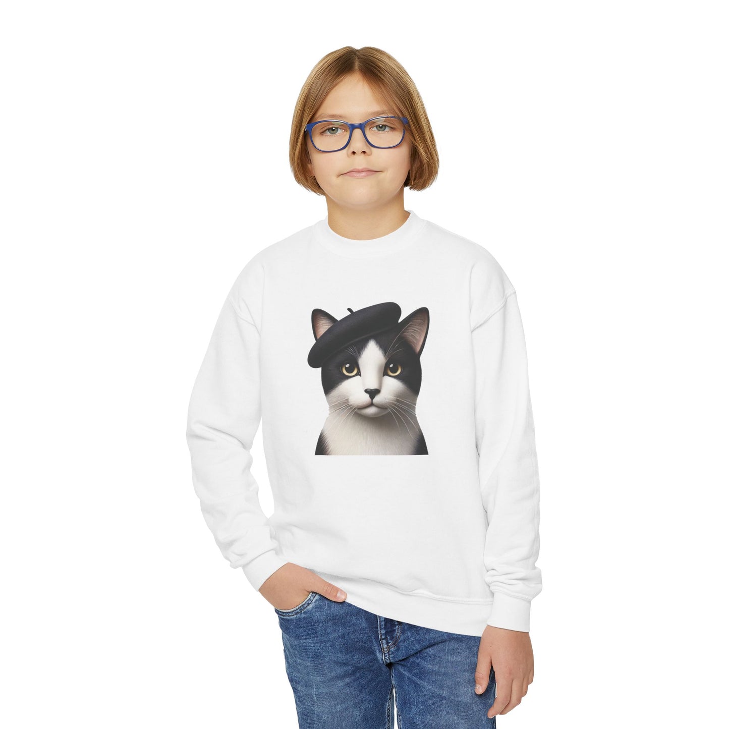 Tuxedo Cat Wearing A Beret - Youth Crewneck Sweatshirt - Too Cute Pets