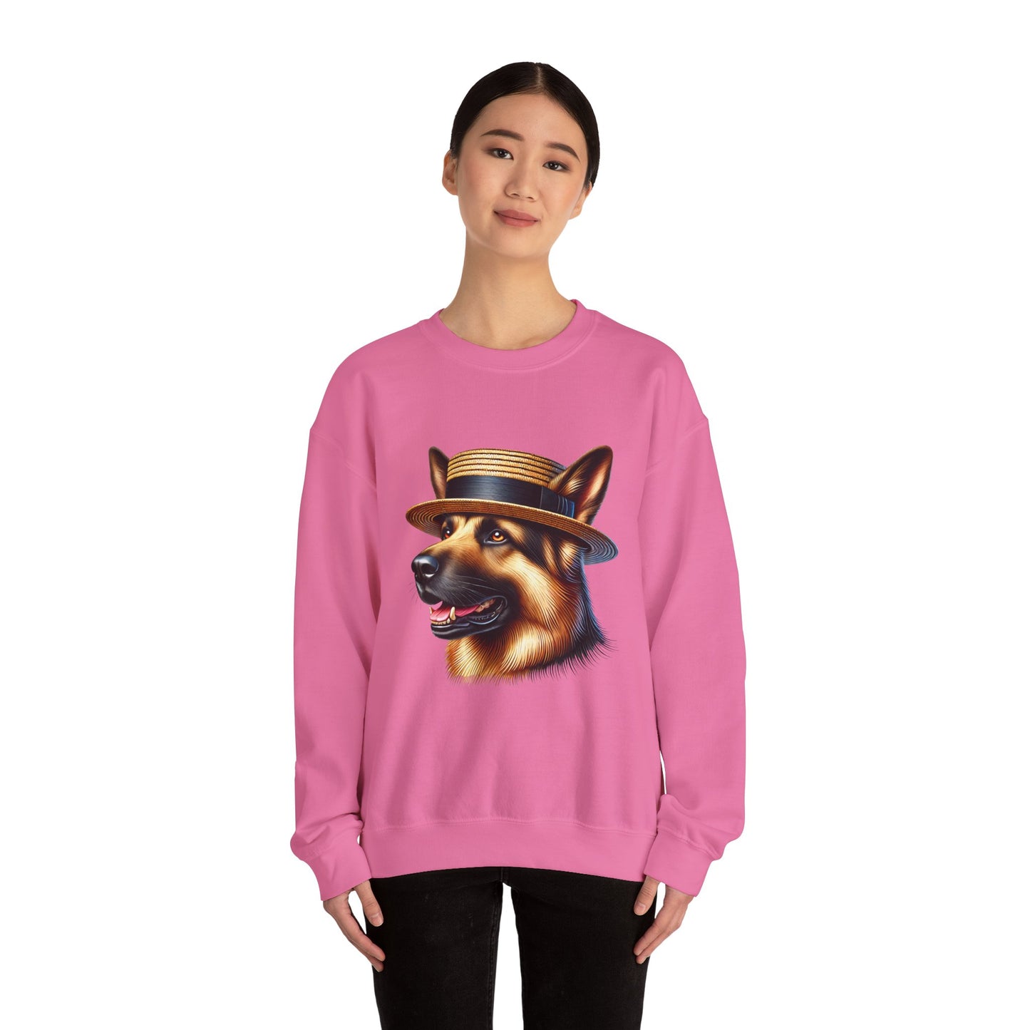 German Shepherd Wearing Boater Hat - Adult Crewneck Sweatshirt - Too Cute Pets