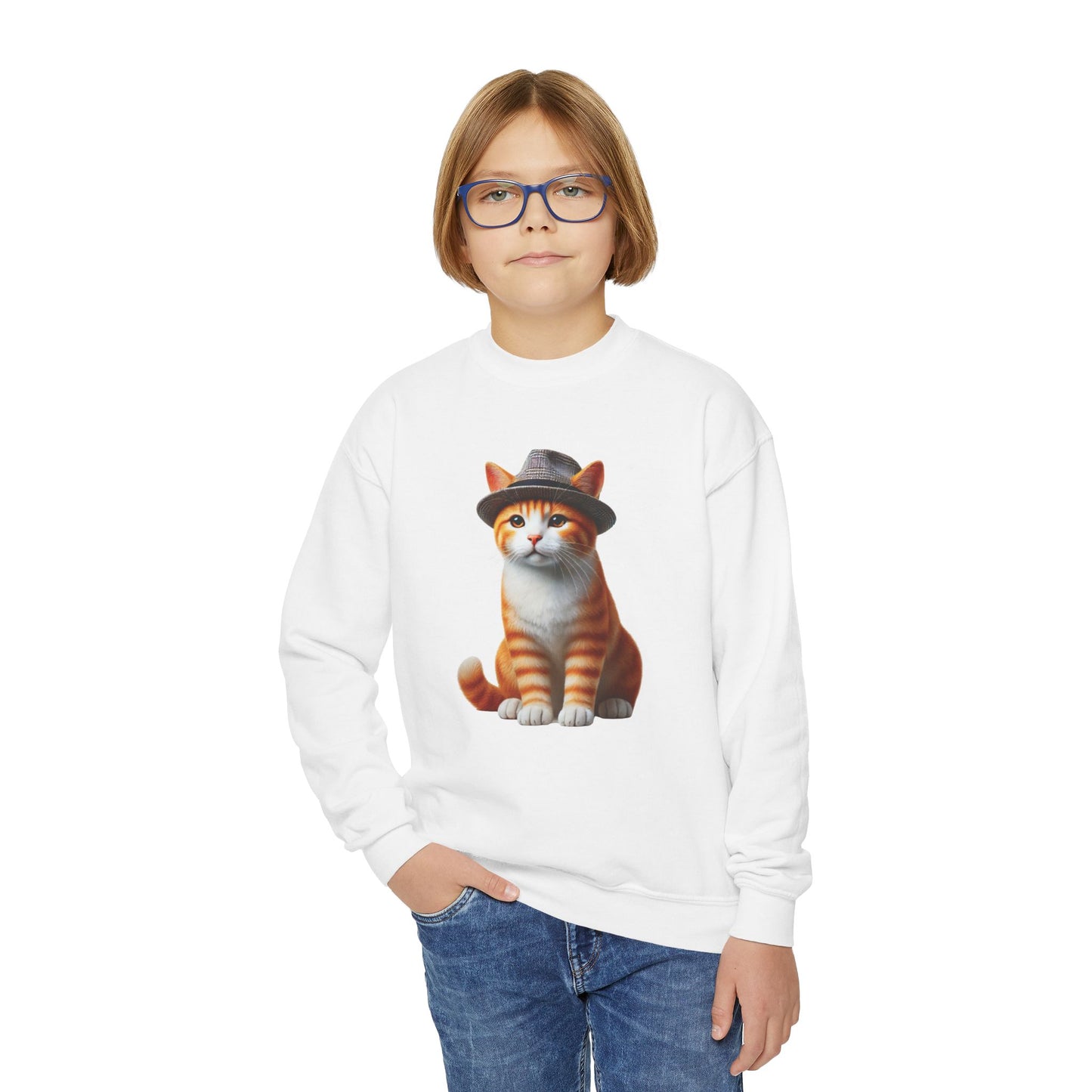 Tabby Kitten With Fedora Hat- Youth Crewneck Sweatshirt - Too Cute Pets