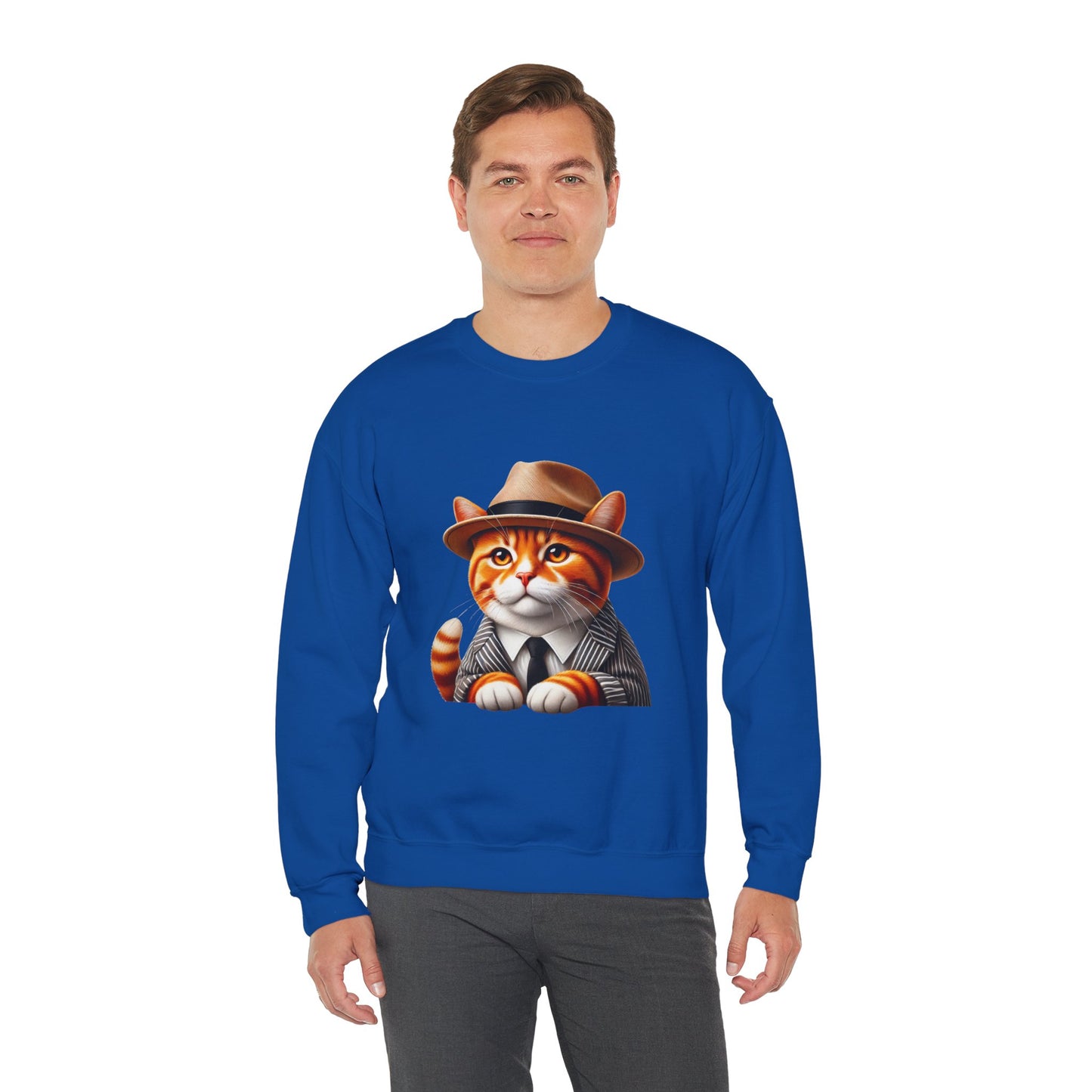 Tabby Cat in Fedora & Suit – Adult Unisex Crewneck Sweatshirt