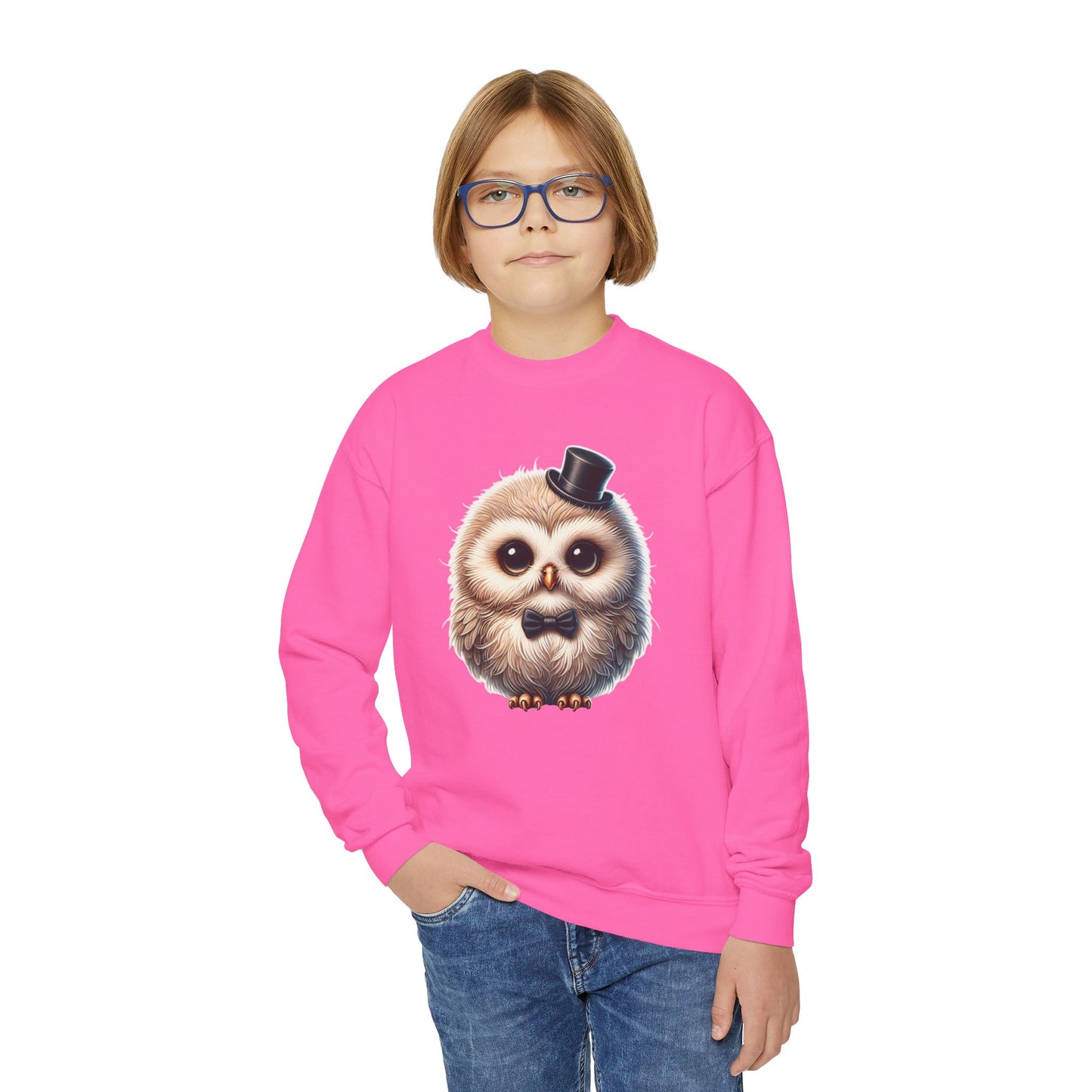 Owl Wearing A Top Hat Youth Crewneck Sweatshirt - Too Cute Pets