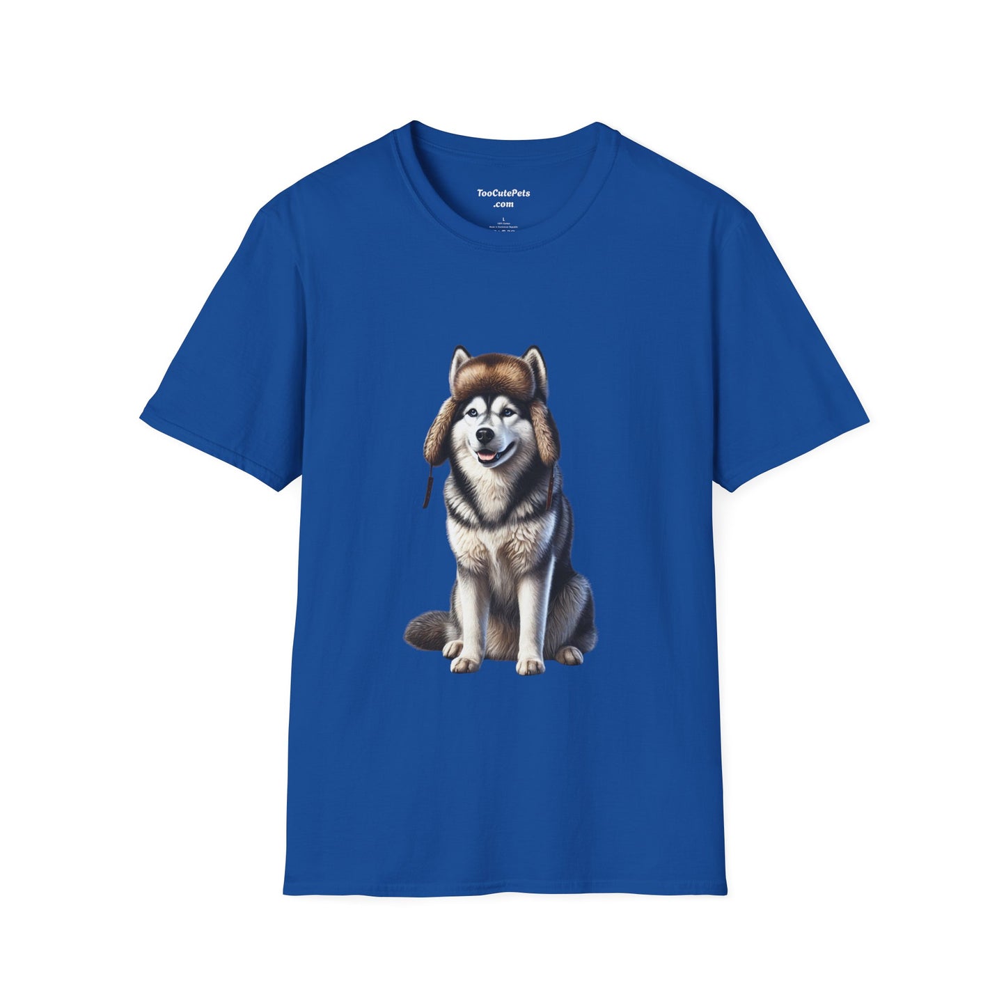 Husky Wearing A Fur Trappers hat- Adult T-Shirt - Too Cute Pets