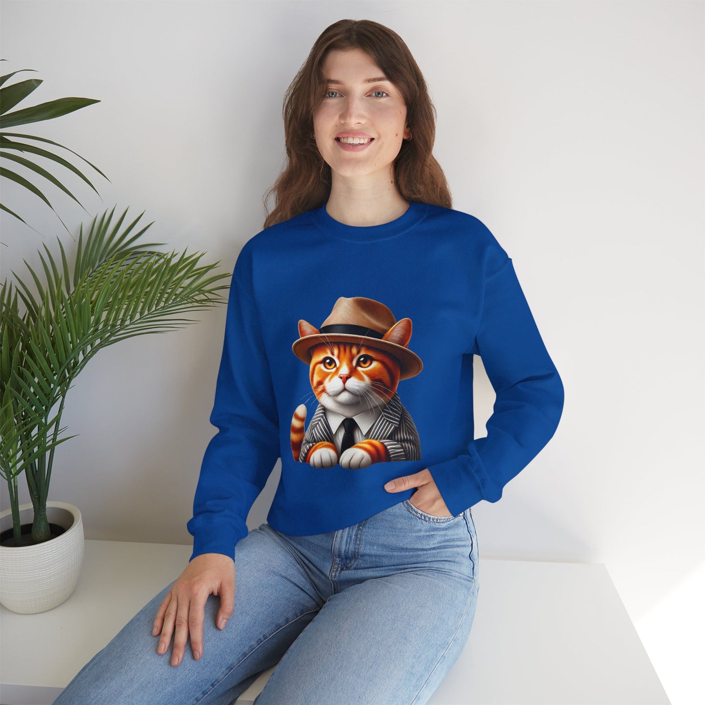 Tabby Cat in Fedora & Suit – Adult Unisex Crewneck Sweatshirt
