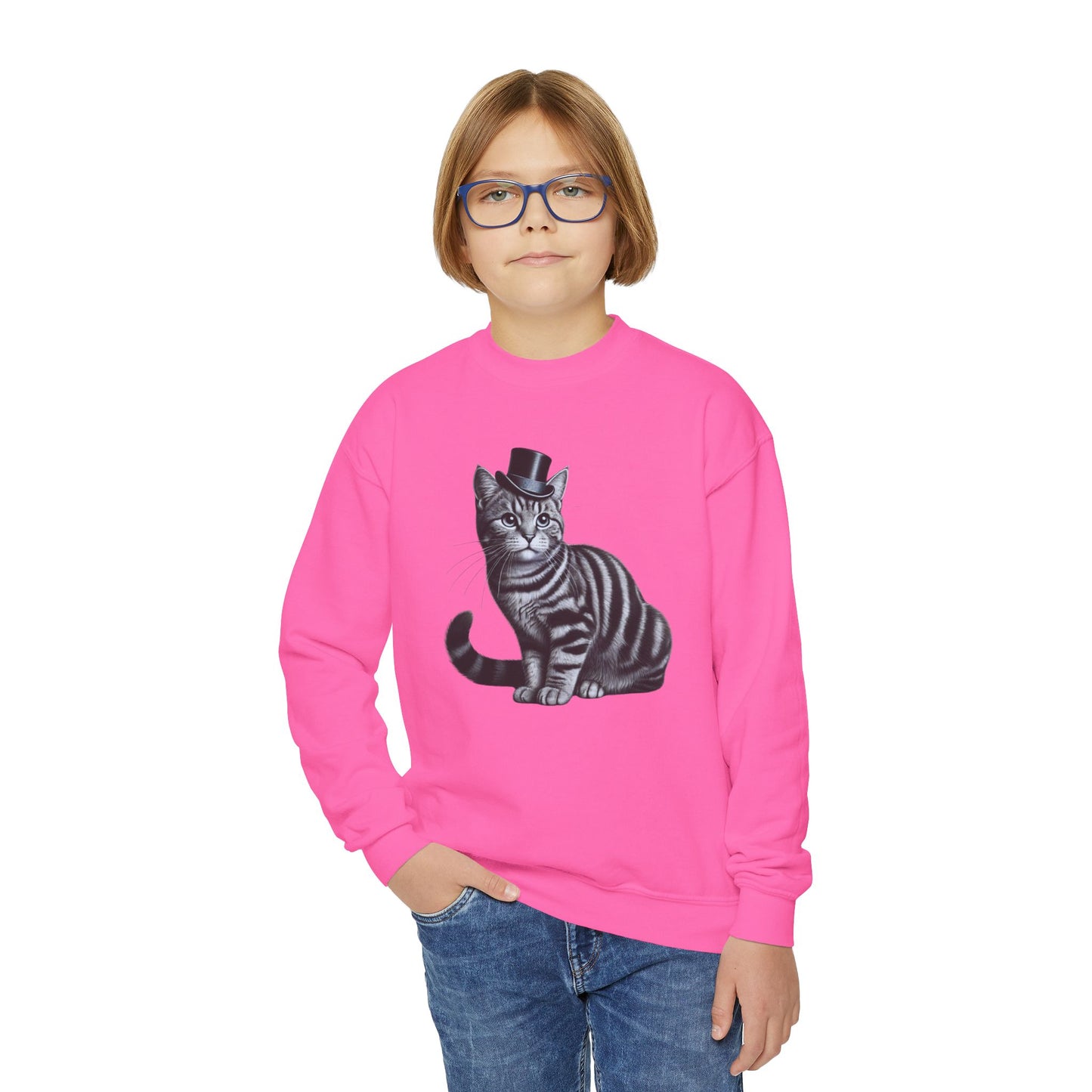Tabby Wearing Top Hat Youth Sweatshirt (Black & White Image) - Too Cute Pets
