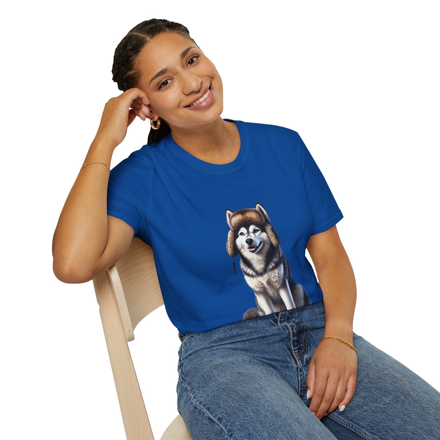 Husky Wearing A Fur Trappers hat- Adult T-Shirt - Too Cute Pets