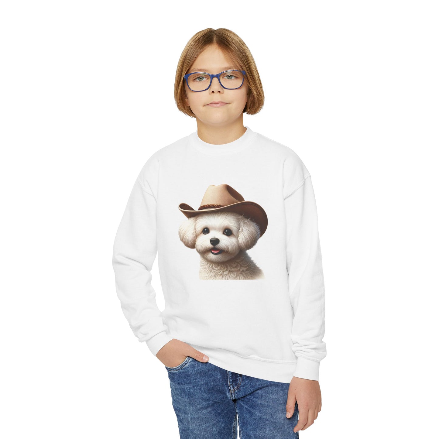 Maltese Wearing Cowboy Hat Youth Crewneck Sweatshirt - Too Cute Pets