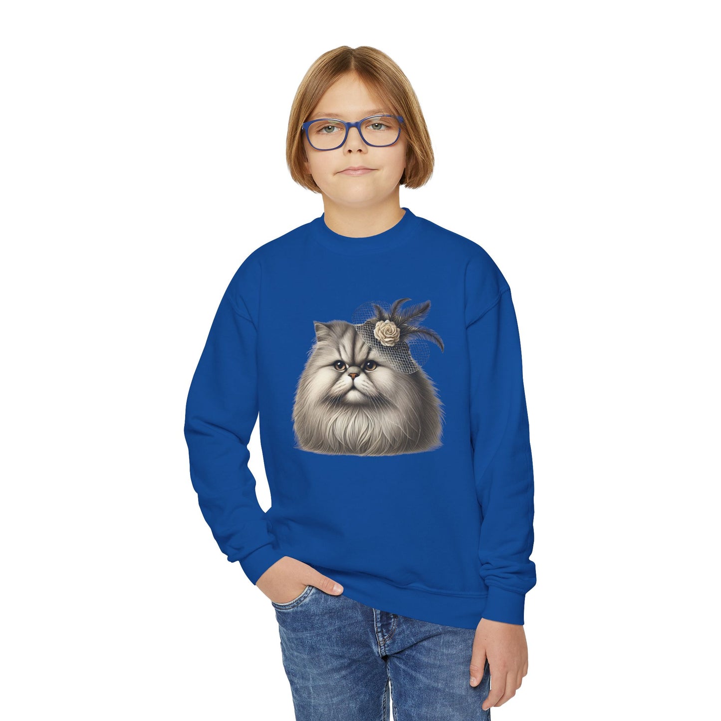 Persian Cat Wearing Fascinator Hat - Youth Crewneck Sweatshirt - Too Cute Pets