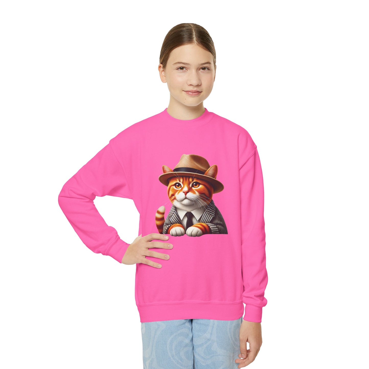 Tabby Cat Dressed In A Suit and Fedora Hat Youth Crewneck Sweatshirt - Too Cute Pets