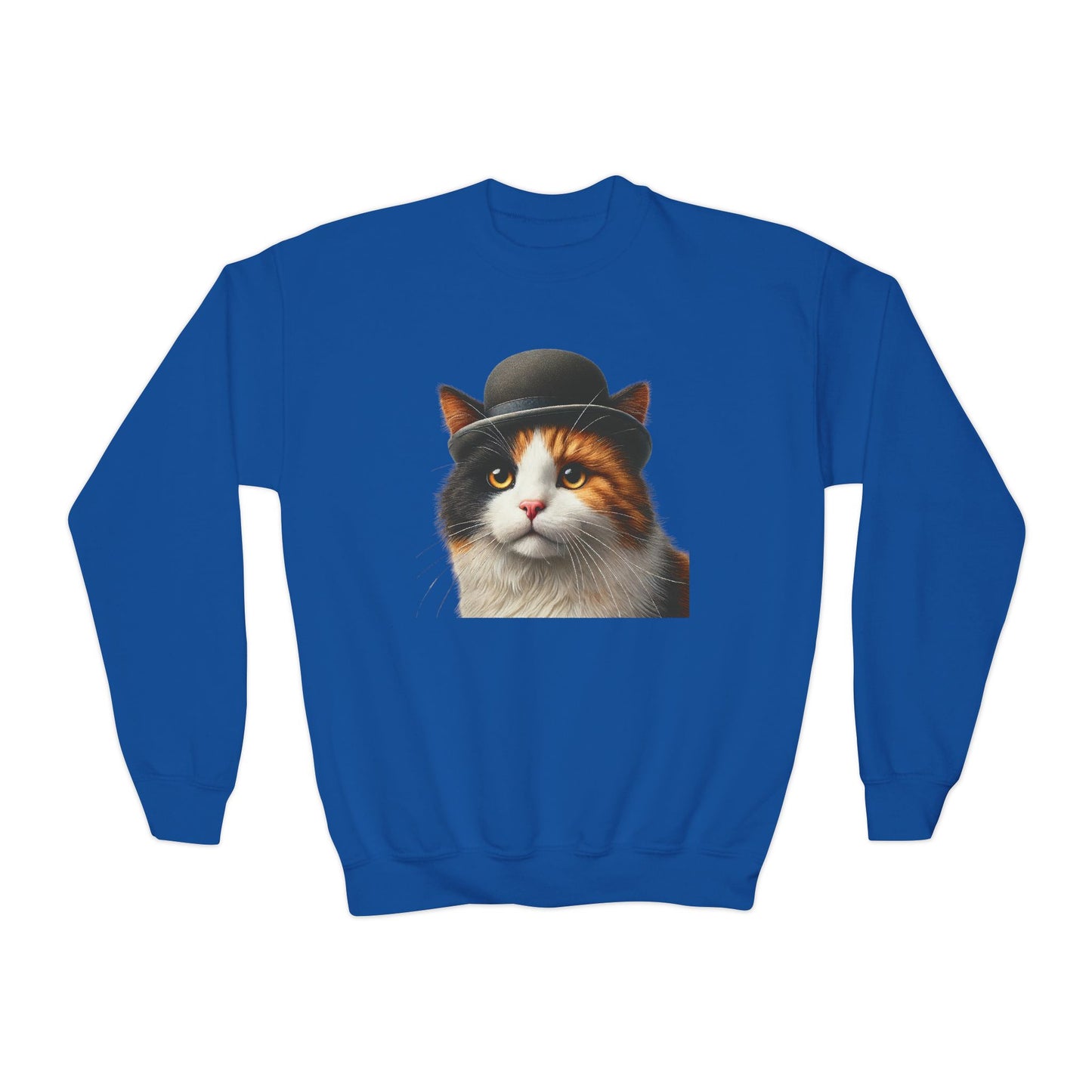 Calico Cat Wearing Bowler Hat Youth Crewneck Sweatshirt - Too Cute Pets