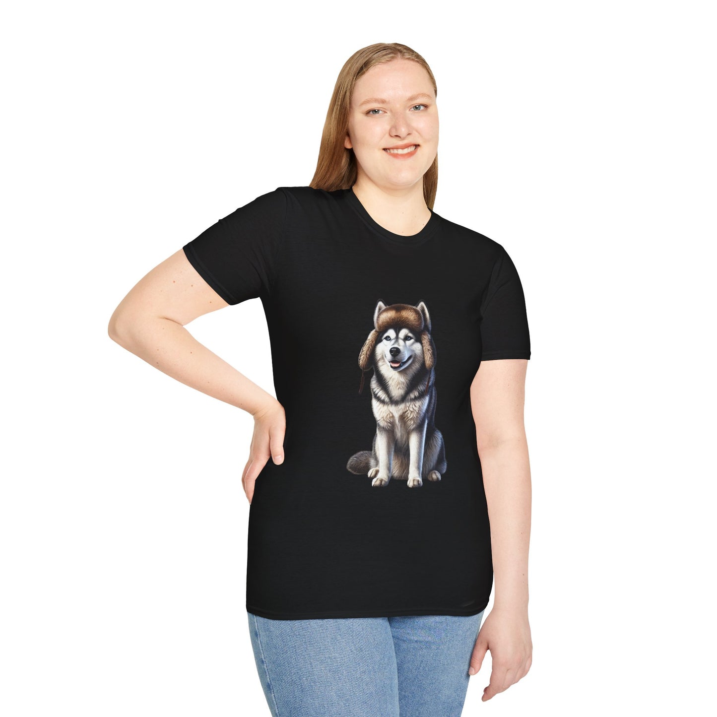 Husky Wearing A Fur Trappers hat- Adult T-Shirt - Too Cute Pets