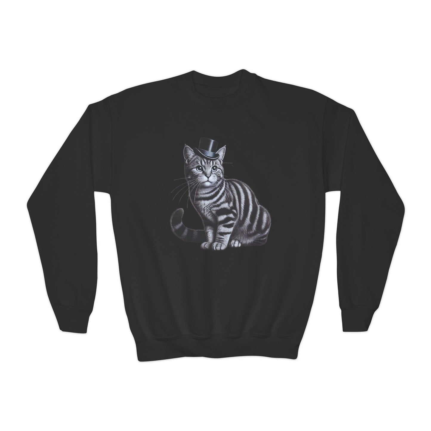 Tabby Wearing Top Hat Youth Sweatshirt (Black & White Image) - Too Cute Pets