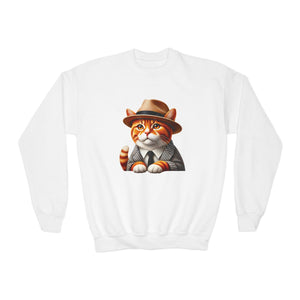 Tabby Cat Dressed In A Suit and Fedora Hat Youth Crewneck Sweatshirt - Too Cute Pets