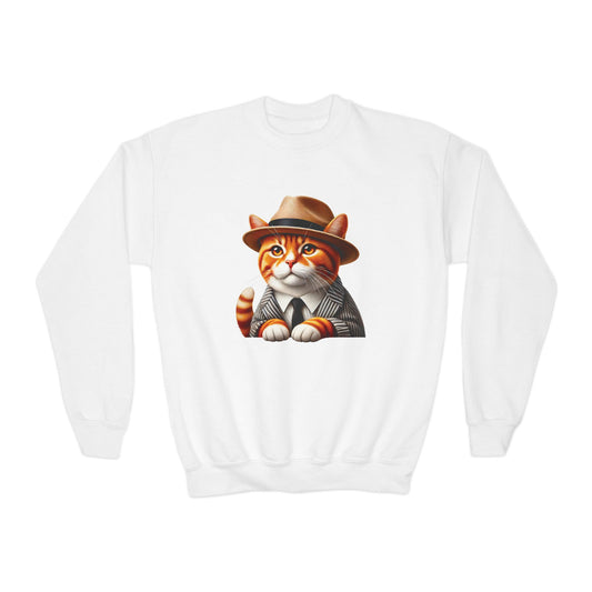 Tabby Cat Dressed In A Suit and Fedora Hat Youth Crewneck Sweatshirt