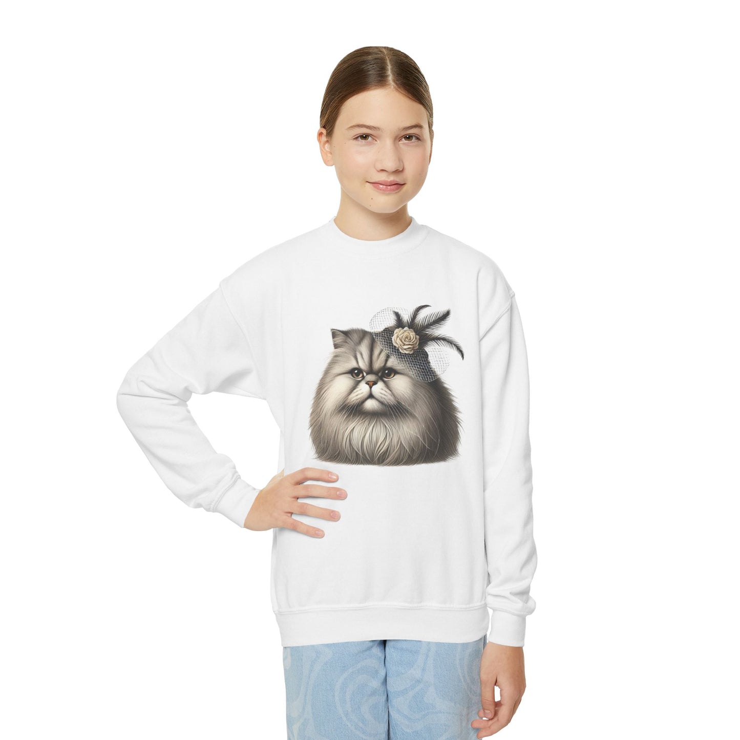 Persian Cat Wearing Fascinator Hat - Youth Crewneck Sweatshirt - Too Cute Pets