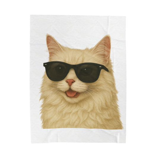 Cream Longhair Cat Wearing Sunglasses - Sherpa Blanket