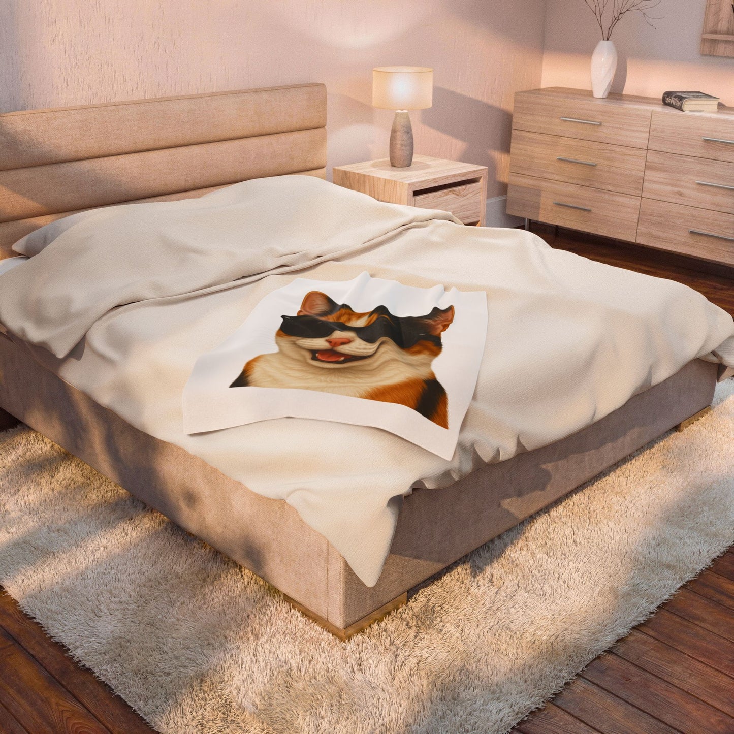 Calico Shorthair Cat Wearing Sunglasses - Sherpa Blanket