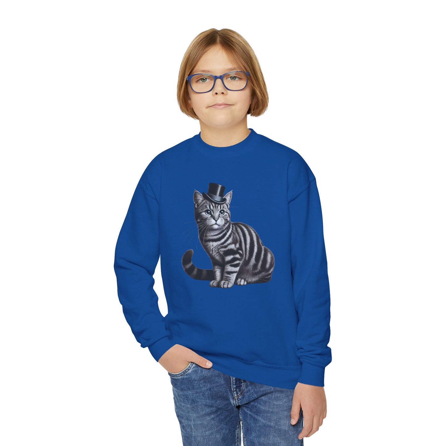 Tabby Wearing Top Hat Youth Sweatshirt (Black & White Image) - Too Cute Pets
