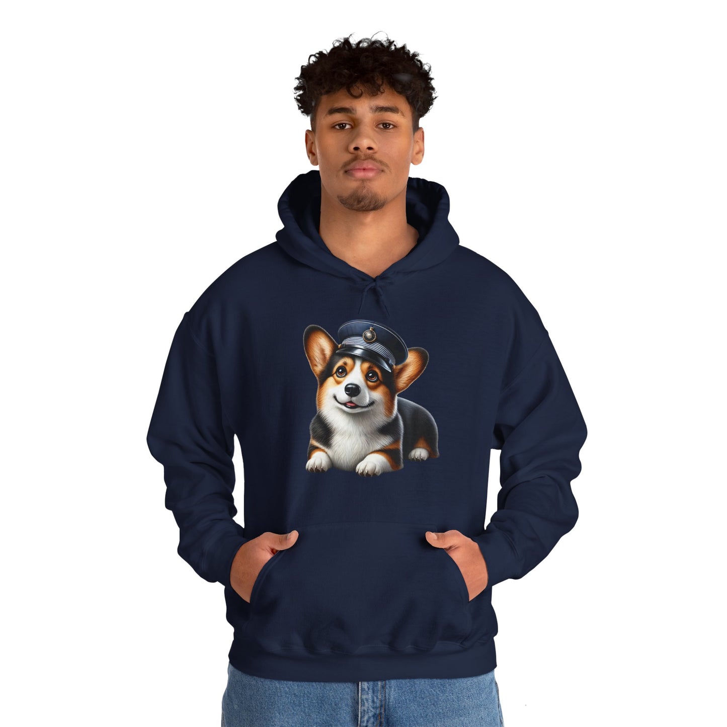 Cute Corgi Wearing A Train Conductors Hat - Adult Hoodie - Too Cute Pets