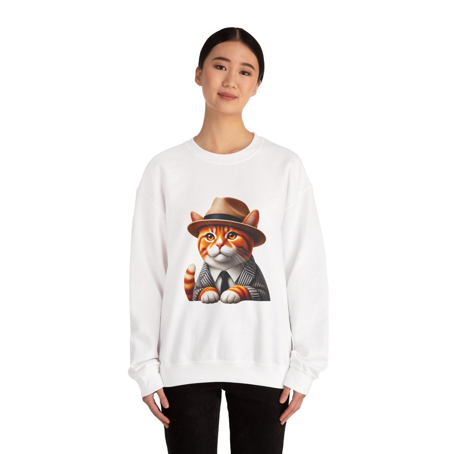 Tabby Cat in Fedora & Suit – Adult Unisex Crewneck Sweatshirt