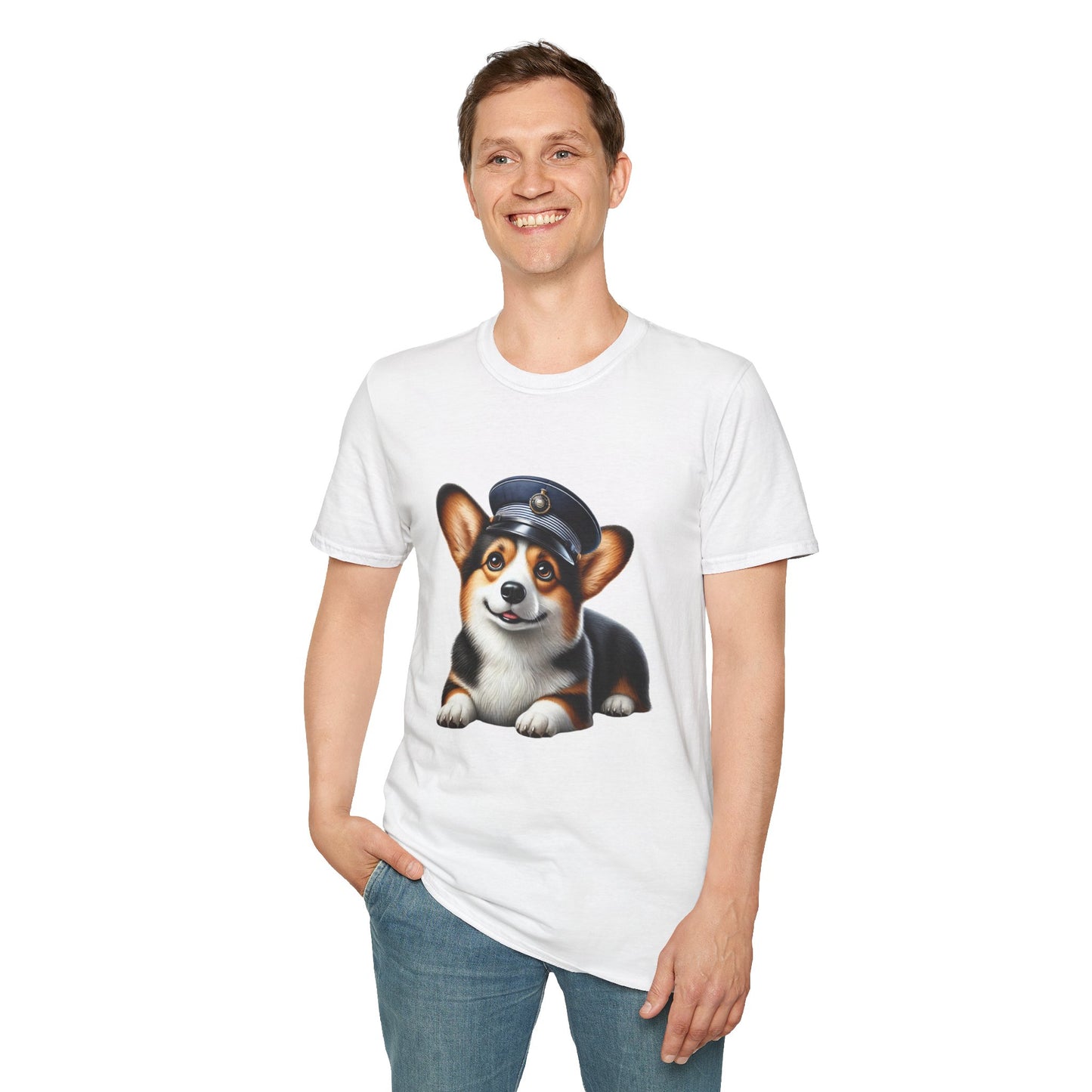 Cute Corgi Wearing A Train Conductors Hat - Adult T-Shirt - Too Cute Pets
